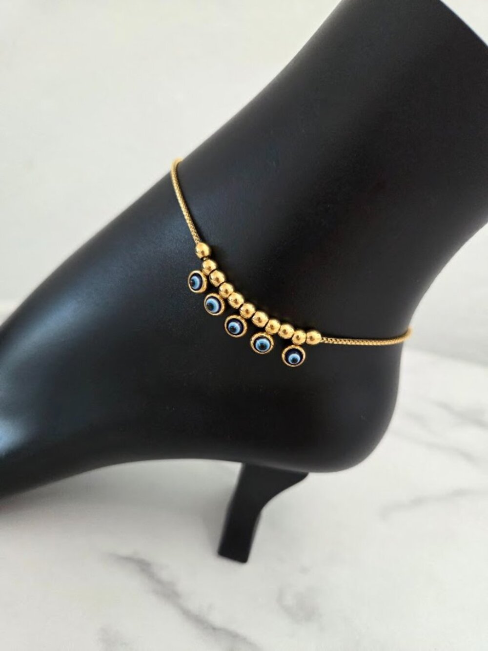 Gold Stainless Steel Evil Eye Anklet Box Chain Ojo Turco Beach Jewelry - Picture 5 of 13